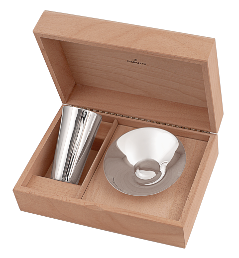 WOODEN BOX W/KIDDUSH CUP+SAUCER – STERLING SILVER