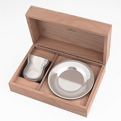 WOODEN BOX W/KIDDUSH CUP+SAUCER – STERLING SILVER