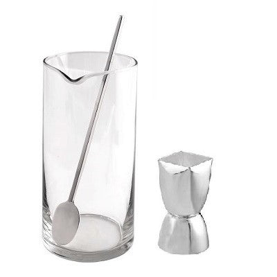 MIXING GLASS W/COCKTAIL SPOON and JIGGER "SQUARE GARDEN" - SILVER PLATED