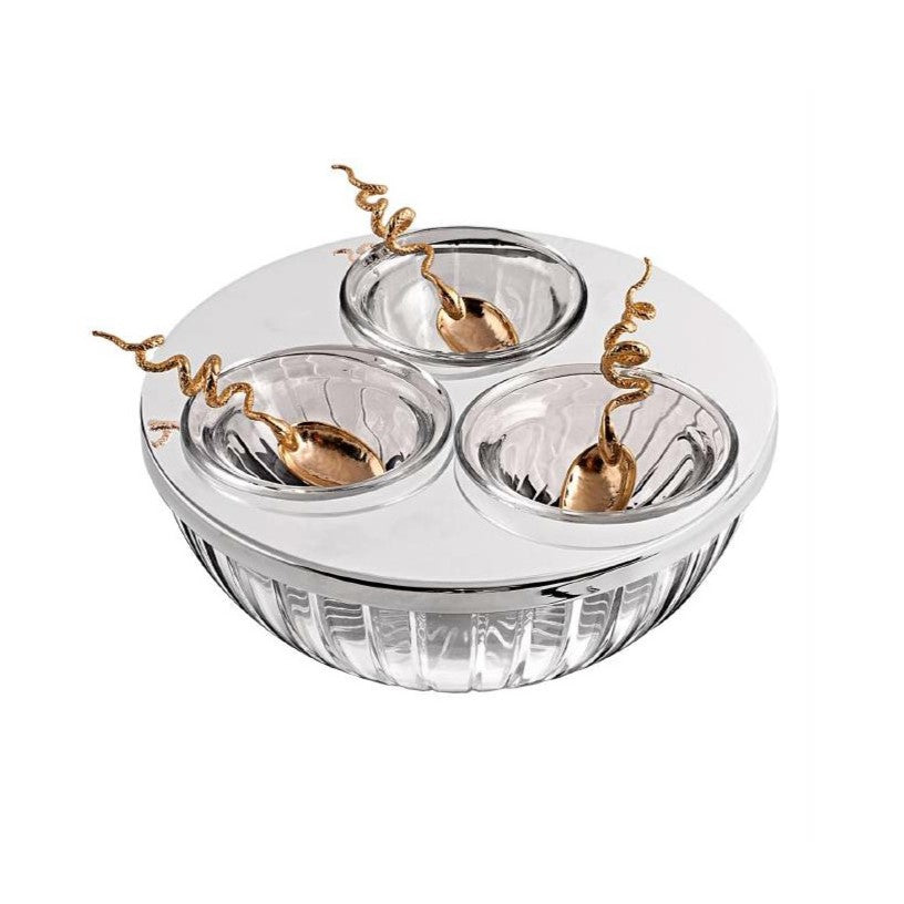 CAVIAR HOLDER "SNAKE" 3 BOWLS - STERLING SILVER or SILVER PLATED