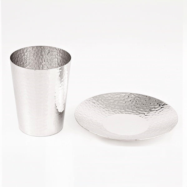 WOODEN BOX W/HAMMERED KIDDUSH CUP+SAUCER – STERLING SILVER