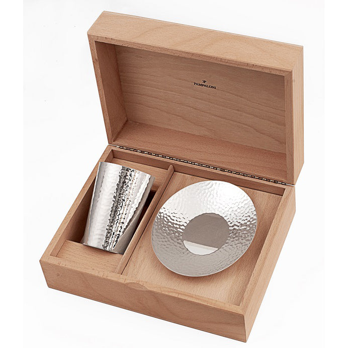 WOODEN BOX W/HAMMERED KIDDUSH CUP+SAUCER – STERLING SILVER